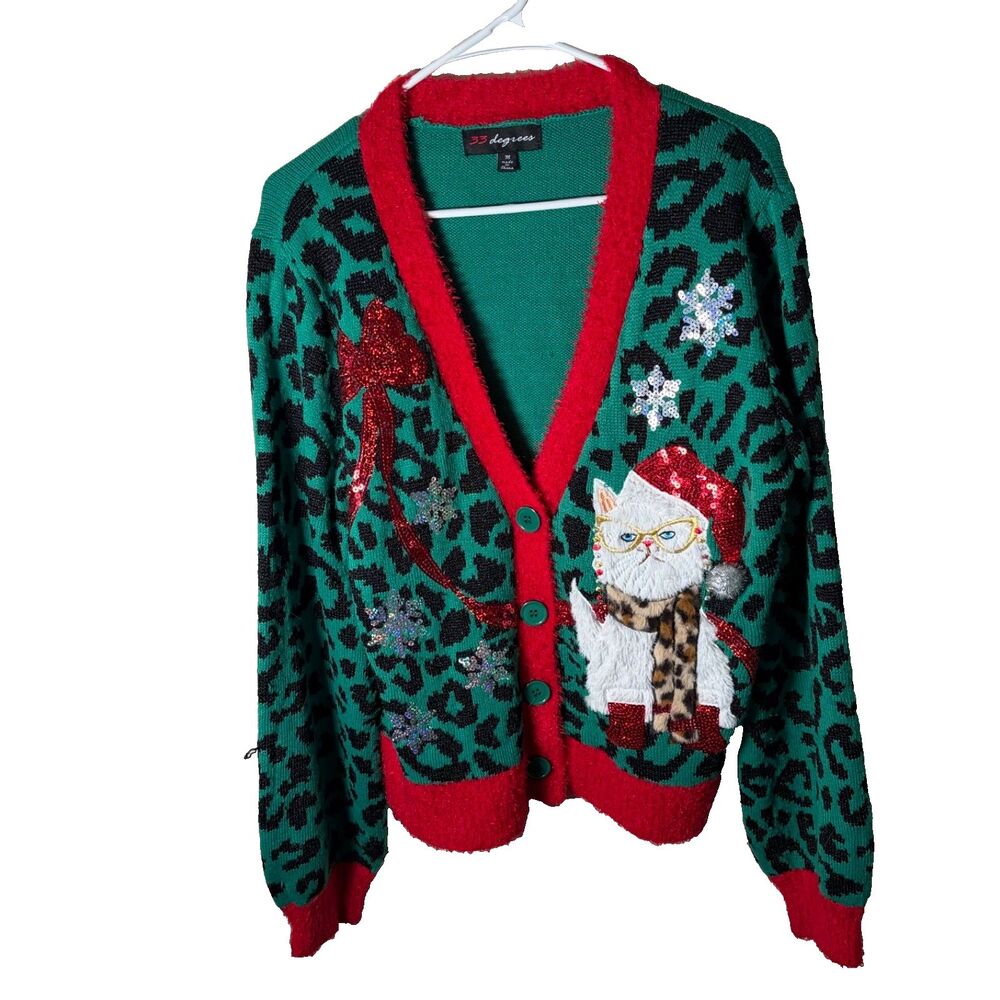 33 Degrees Sweater Women's Medium Christmas Cat Holiday Cardigan Fleece
